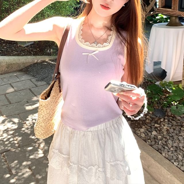 Square Neck Trim Fit Slim Tank Lace Top Bow