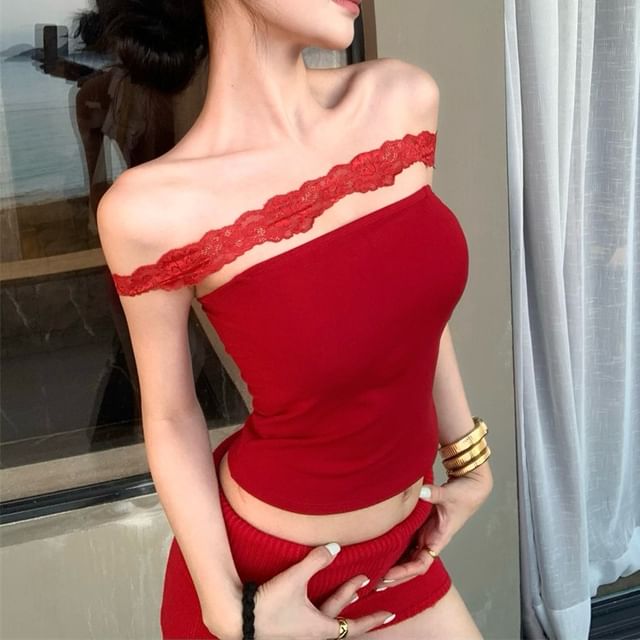 Lace Crop Padded Fit Panel Plain Top Halter Slim