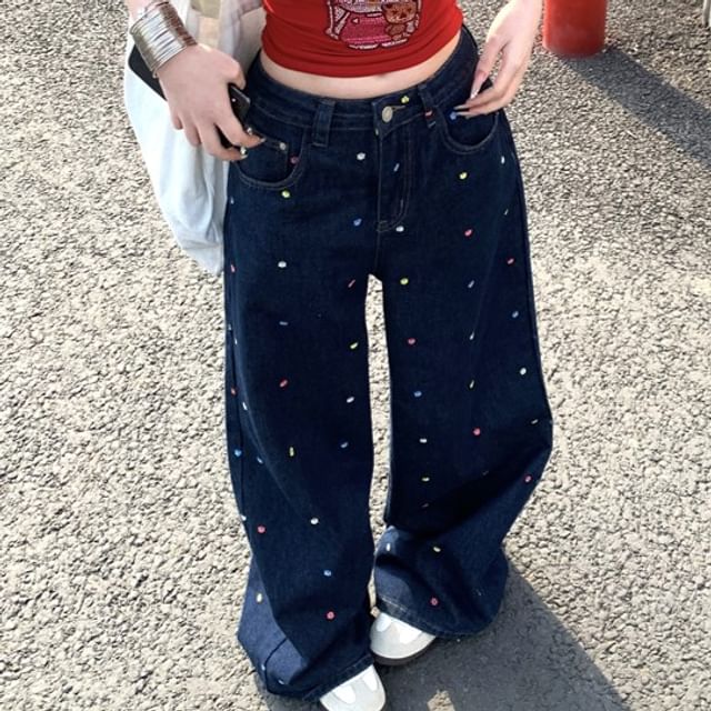 Waist Wide Floral Jeans Leg High Embroidered