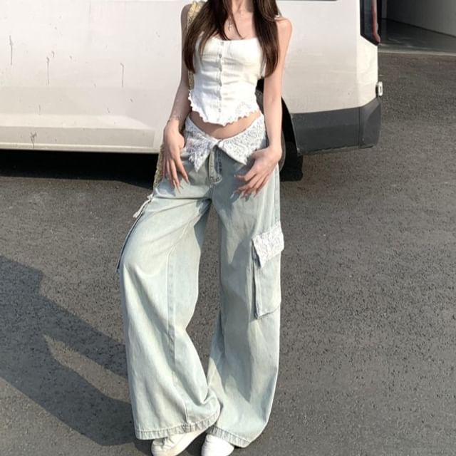 Rise Low Crop Lace Leg Button-Up Trim Jeans Cargo Wide Top / Camisole Washed Panel