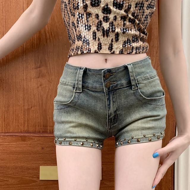Denim Washed Shorts Rise Low Studded