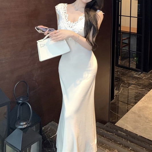 Panel Lace Mermaid Dress Maxi Sleeveless V-Neck