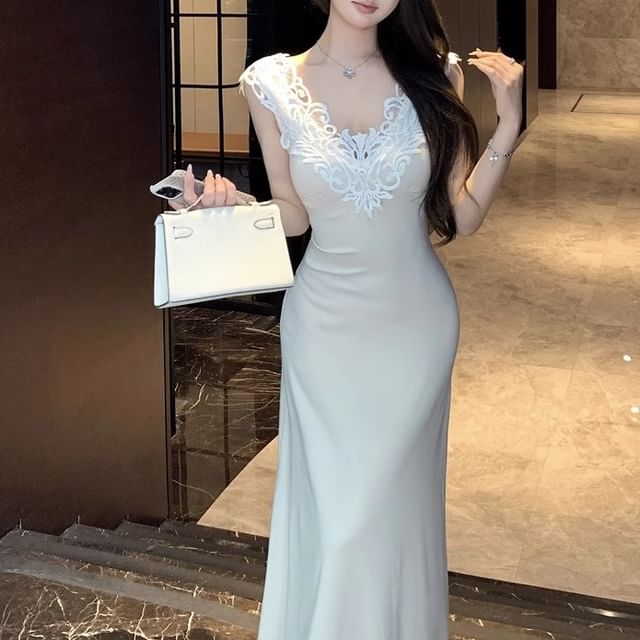 Panel Lace Mermaid Dress Maxi Sleeveless V-Neck