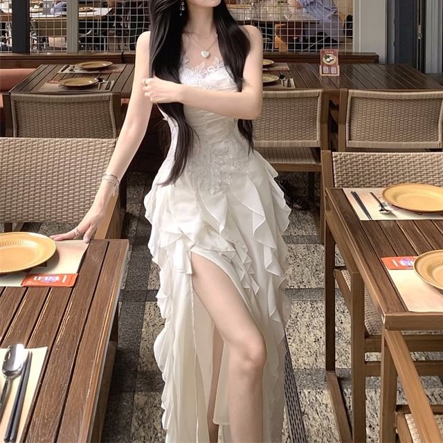 Ruffle Plain Lace Strap Slit Ruched Maxi A-Line Panel Spaghetti Dress