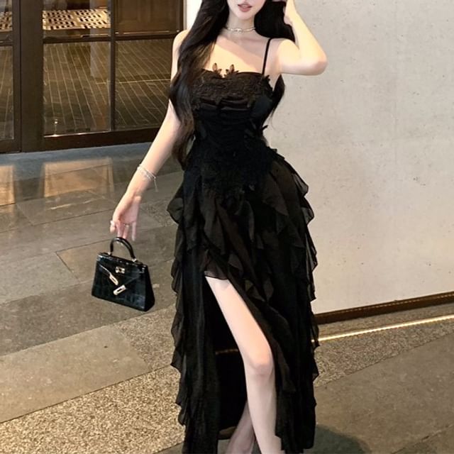 Ruffle Plain Lace Strap Slit Ruched Maxi A-Line Panel Spaghetti Dress