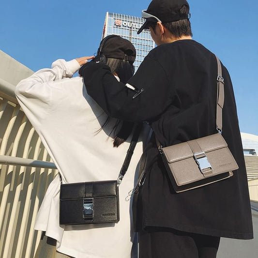 Plain Leather Bag Flap Buckled Crossbody Faux