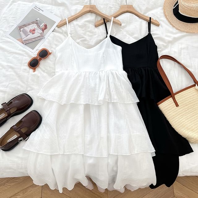 Ruffle Tiered Midi A-Line Dress with V-Neck and Thin Straps