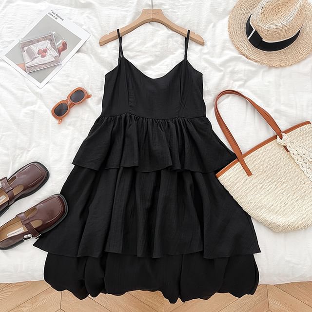 Ruffle Tiered Midi A-Line Dress with V-Neck and Thin Straps