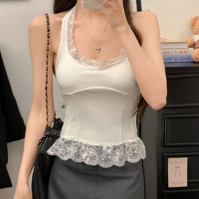 Open-Back Halter Crop Top with Lace Panel - LaceLux