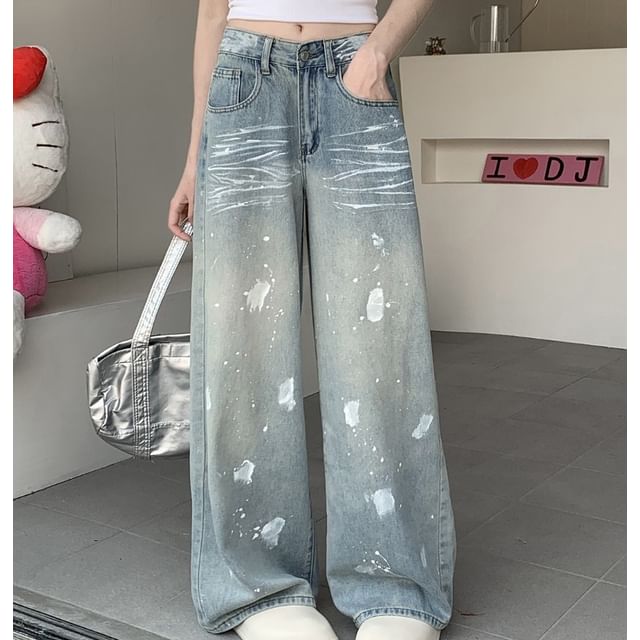 Jeans High Waist Wide Ripped Washed Leg