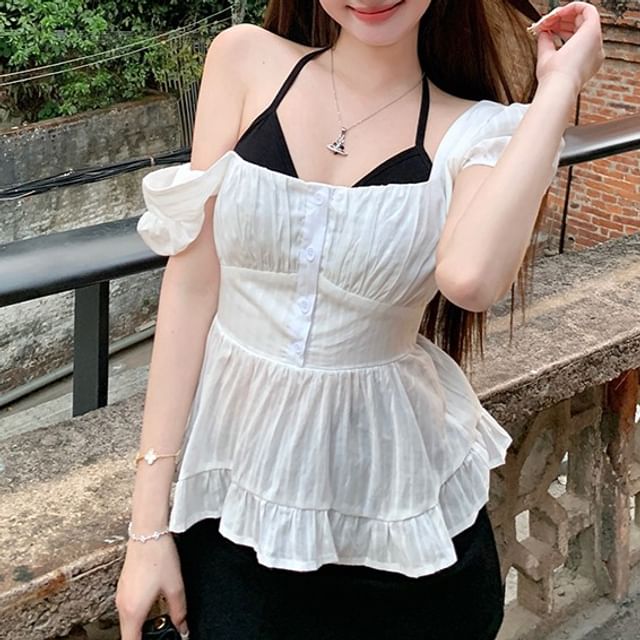Peplum Puff-Sleeve Plain Back Open Halter Bow Top / Blouse