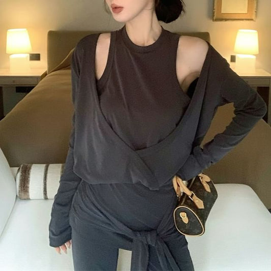 Waist Mock High Crew Flared Long-Sleeve / Neck Pants Two-Piece Plain T-Shirt