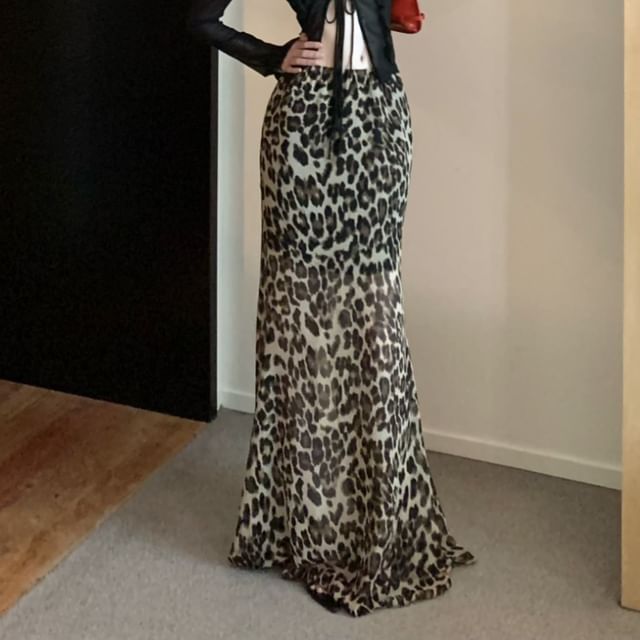 High Print Sheer Waist Leopard / Skirt Plain Front-Slit Top Mermaid Long-Sleeve Maxi