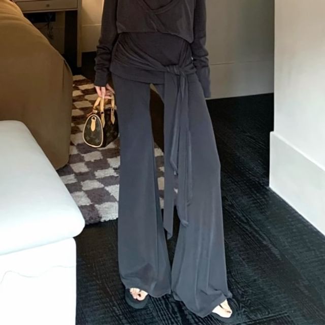 Waist Mock High Crew Flared Long-Sleeve / Neck Pants Two-Piece Plain T-Shirt