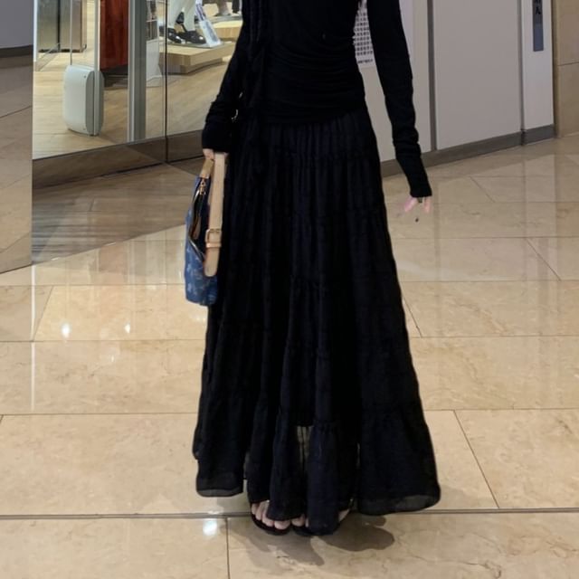 One-Shoulder Ruched High A-Line Trim Asymmetrical Plain Long-Sleeve Tee Skirt Lace Maxi / Rise