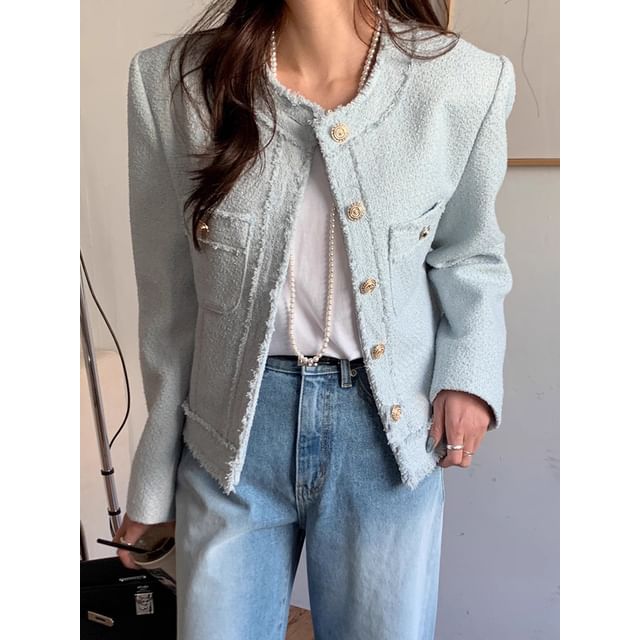 Crew Neck Frayed Button-Up Plain Tweed Jacket