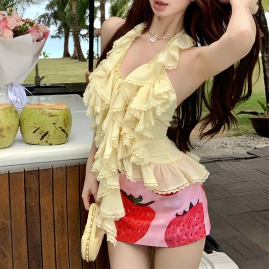 Plain Halter Strawberry Print Mini Ruffle Pencil Skirt High / Top Waist