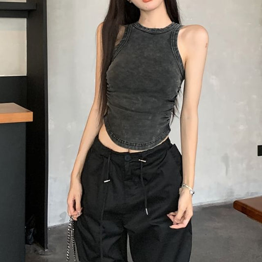 Neck Leg / Plain Pants Waist Washed Drawstring Top Crew Wide Tank