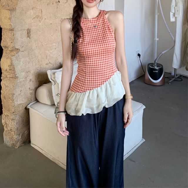 Panel Jeans Plaid Washed Top High / Wide Cami Asymmetrical Leg Waist