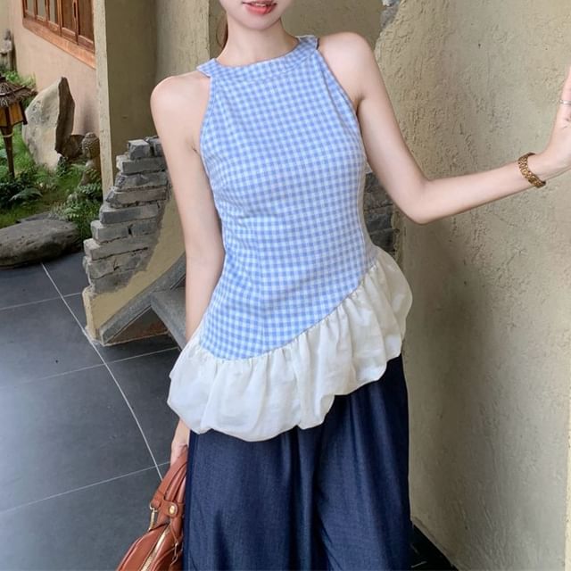 Panel Jeans Plaid Washed Top High / Wide Cami Asymmetrical Leg Waist