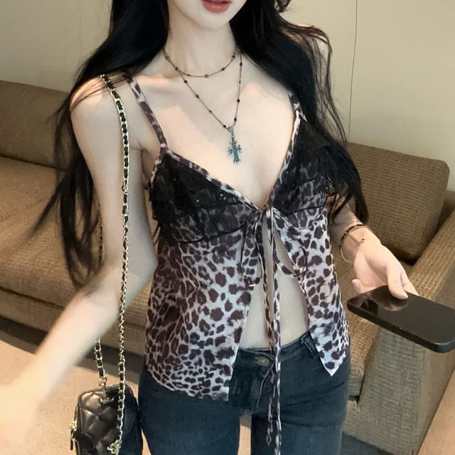Ruffle Leopard Print Cami Slit Panel Tie-Up V-Neck Top