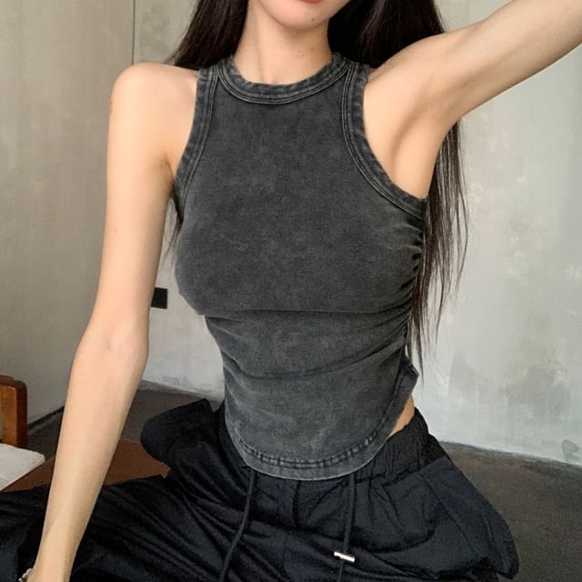 Neck Leg / Plain Pants Waist Washed Drawstring Top Crew Wide Tank