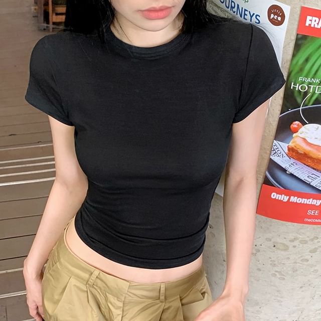 Tee Plain Crewneck Crop Short-Sleeve