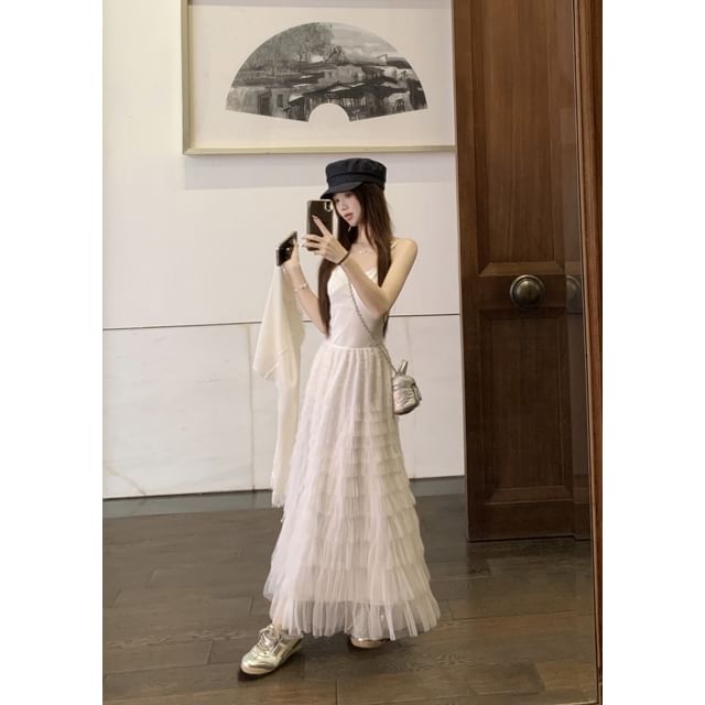 Lace Trim Ruffle Maxi A-Line Dress with Sheer Crop Cardigan