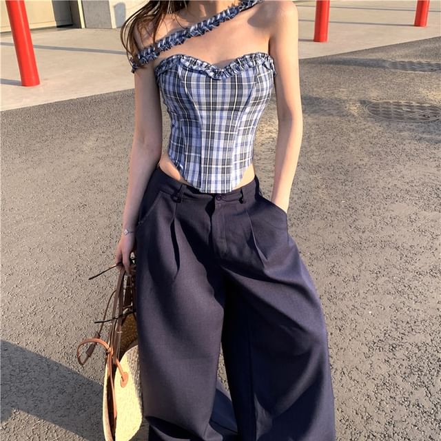Pants Plaid Bustier Tube Rise / Frill Mid Suit Top Leg Plain Wide