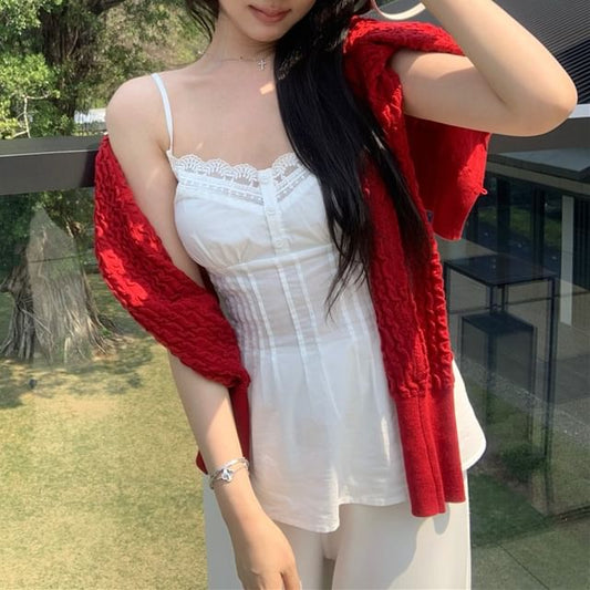 Pintuck Plain Camisole / Cardigan Top Panel Lace