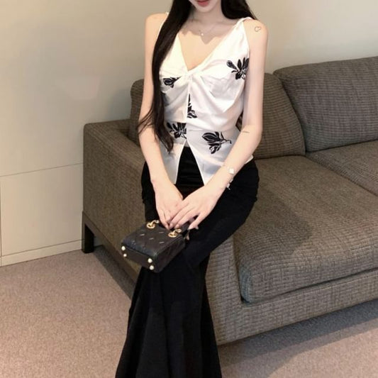 Floral High Plain Cami V-Neck Rise Slit Top Skirt Maxi Pencil / Print