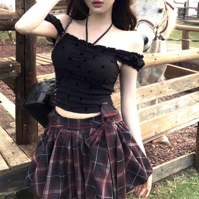 Dotted High Plaid Frill Balloon Rise Top Skirt A-Line Mini Cami /
