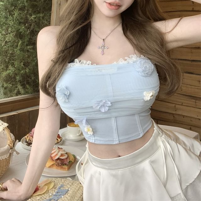 Mesh Applique Lace Floral Panel Tube Ruched Crop Trim Top