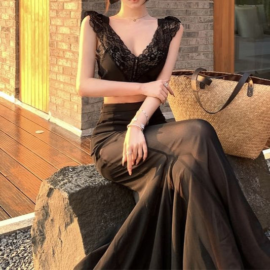Fishtail Crop Waist Plain Lace High Sleeveless Maxi Skirt Top V-Neck / Panel
