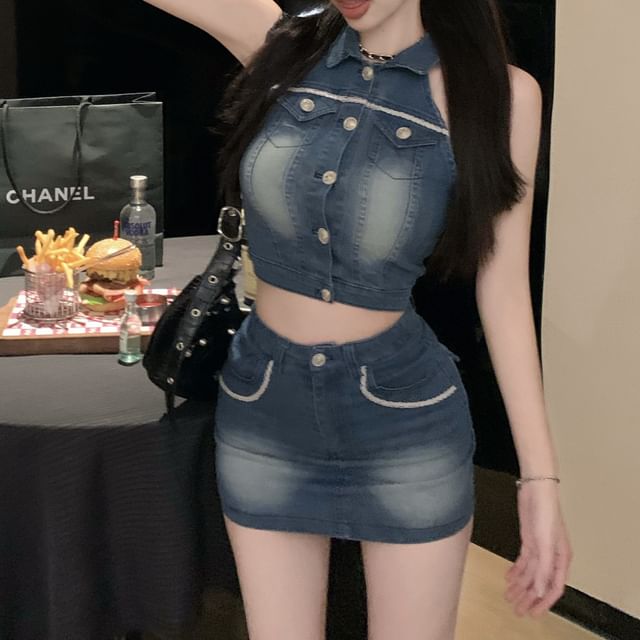 Mini Washed Vest Skirt / Button Pencil Crop Collared Denim Waist High