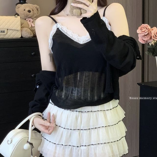 Round V-Neck Neck Cardigan Trim Top Set: Knit Plain Camisole Lace +