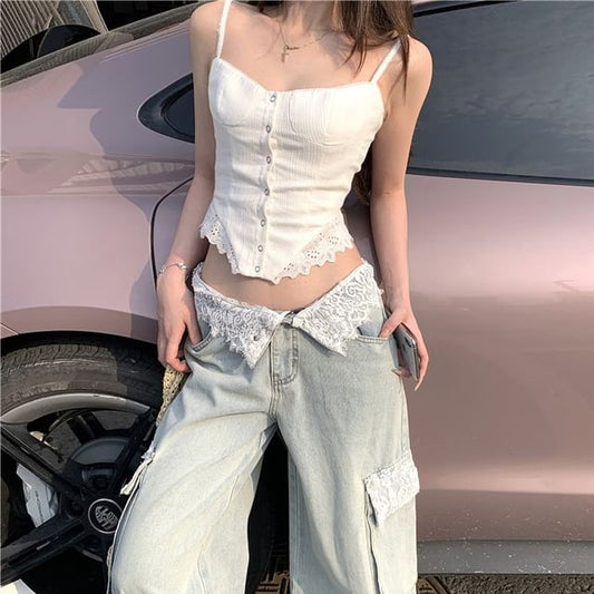 Plain Lace / Panel Jeans Button Washed Wide Cami Mid Top Leg Cargo Waist