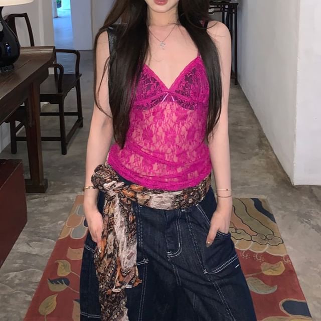 Lace V-Neck Top Camisole Bow Plain