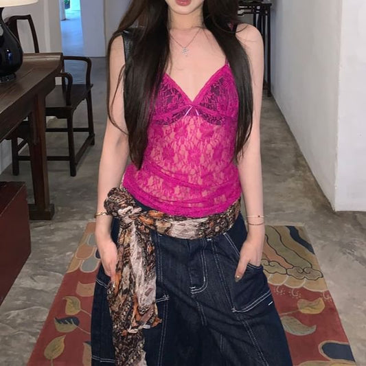 Lace V-Neck Top Camisole Bow Plain