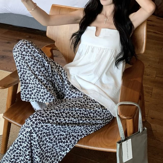 Notch Floral Leg Print High Camisole / Pants Wide Plain Top Neck Waist