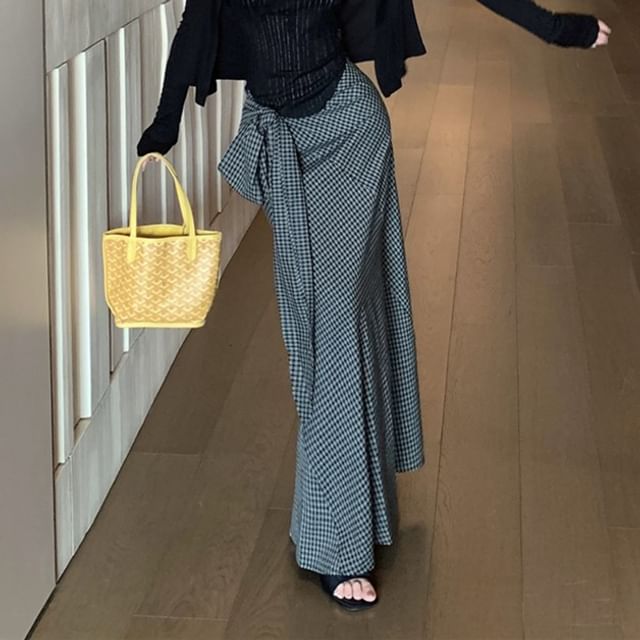 Lace Panel Pinstriped Tank Cardigan Skirt Pencil Neck / Top Plain High Plaid Waist Scoop Tie-Up Maxi