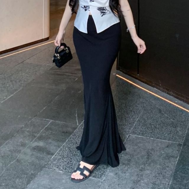 Floral High Plain Cami V-Neck Rise Slit Top Skirt Maxi Pencil / Print