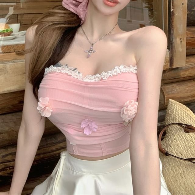 Mesh Applique Lace Floral Panel Tube Ruched Crop Trim Top