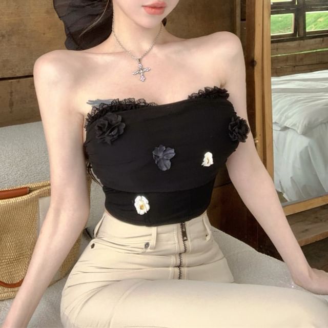 Mesh Applique Lace Floral Panel Tube Ruched Crop Trim Top