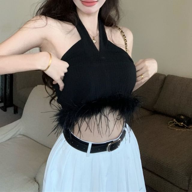 Top High Skirt Maxi Feather Trim Waist A-Line Plain / Crop Pleated Halter