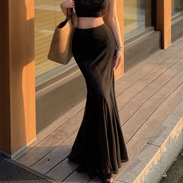 Fishtail Crop Waist Plain Lace High Sleeveless Maxi Skirt Top V-Neck / Panel