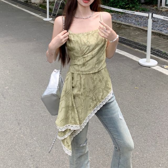 Print Trim Top Patterned Camisole Lace Asymmetrical