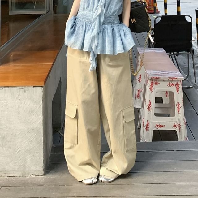 Pants Top Patterned Halter Cargo Ruffle Wide Leg Plain / Print High Waist