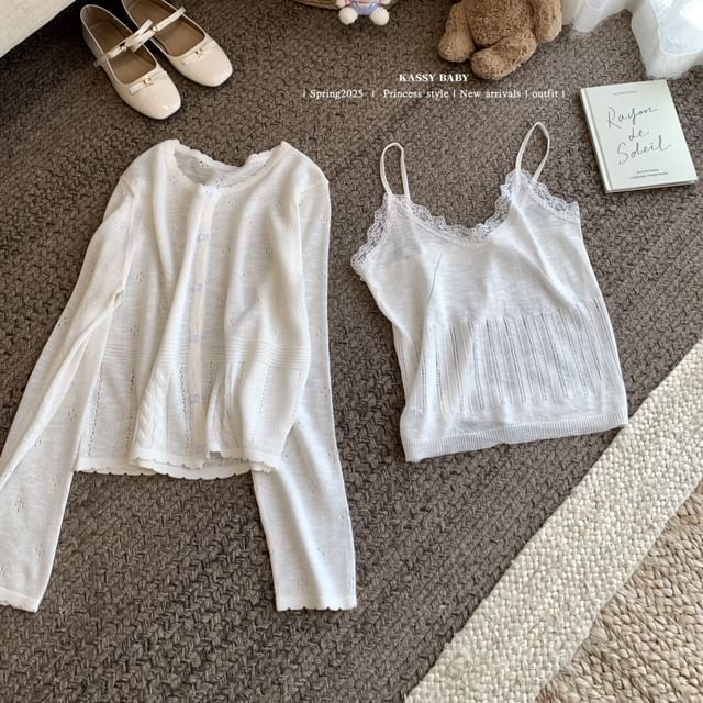 Round V-Neck Neck Cardigan Trim Top Set: Knit Plain Camisole Lace +