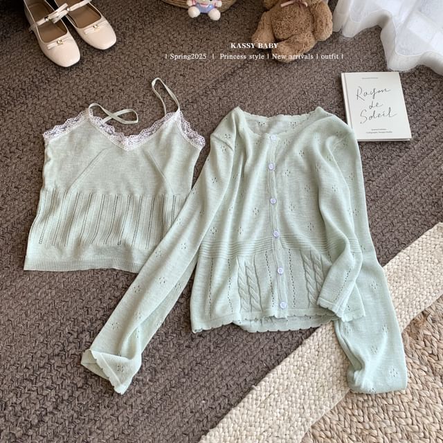 Round V-Neck Neck Cardigan Trim Top Set: Knit Plain Camisole Lace +